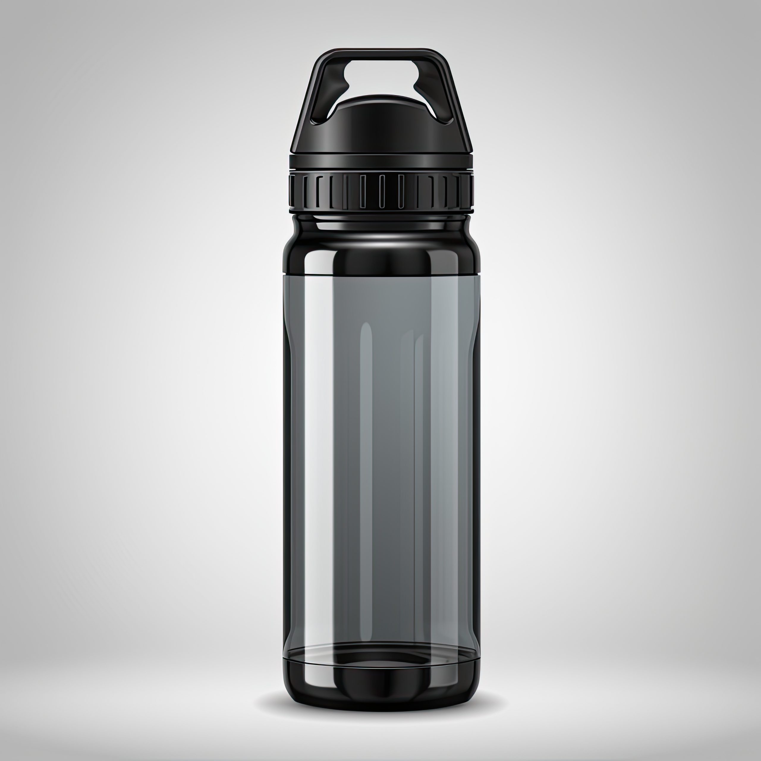 clear sports bottle vector with black handle and clip, in the style of minimal retouching, resin, technological design, high resolution, rim light